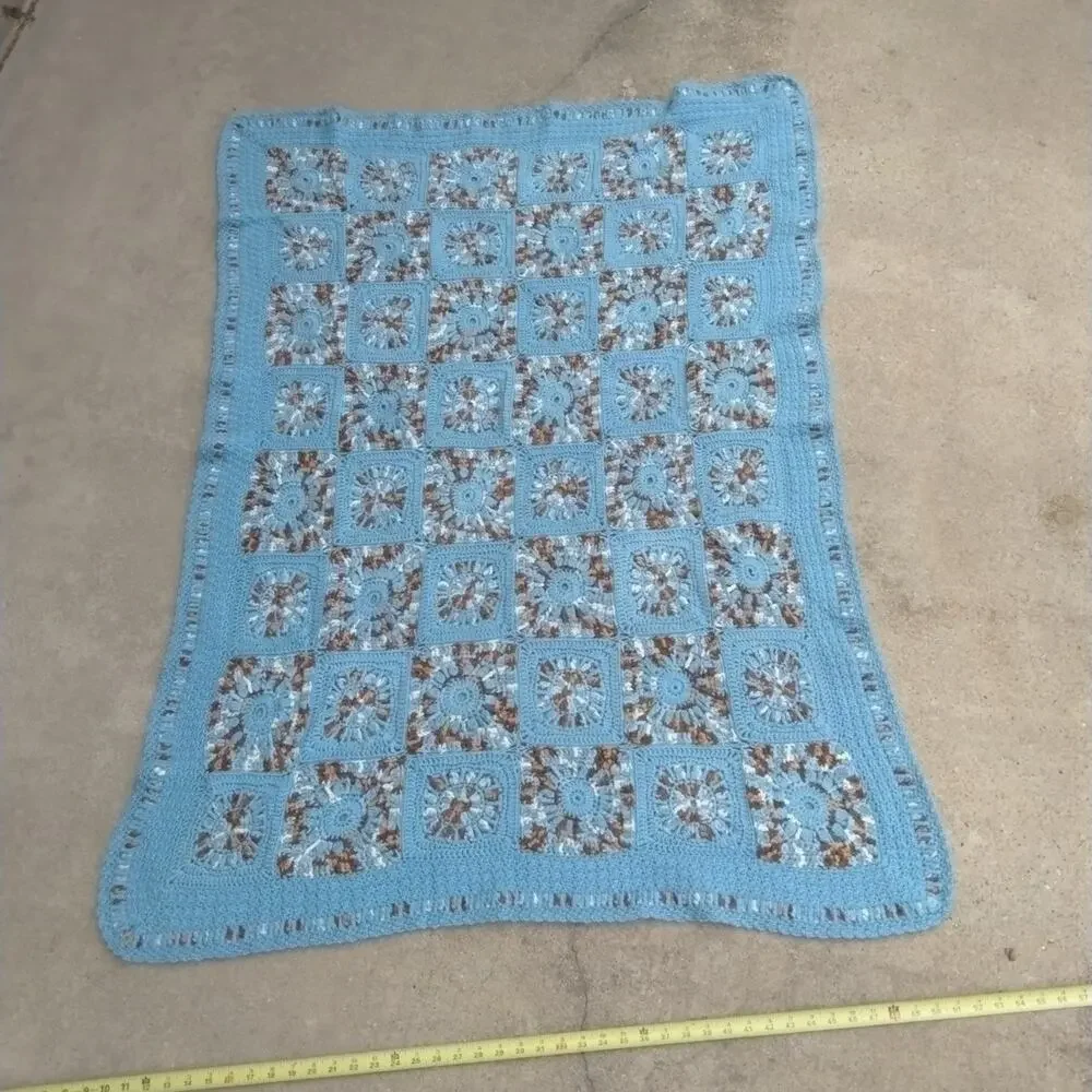 Granny Square Knit Crochet Afghan Blanket Handmade Blue Brown 43